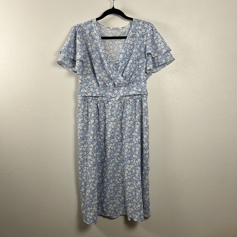 Sexyasasii Blue Floral‎ Flutter Sleeve Wrap Midi Dress Womens Size L Summer Boho
